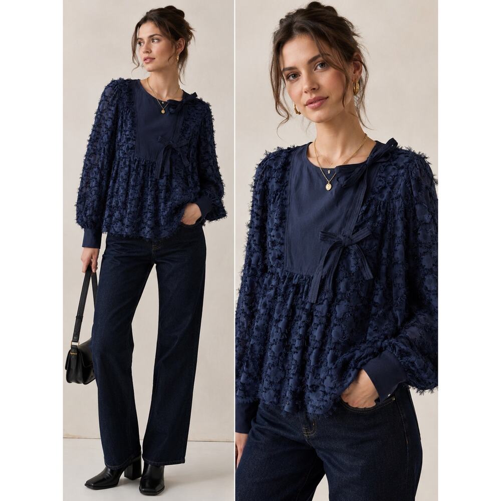 Anthropologie Current Air S Blue Bow Bib Neck Eyelash Textured Twee Top Romantic